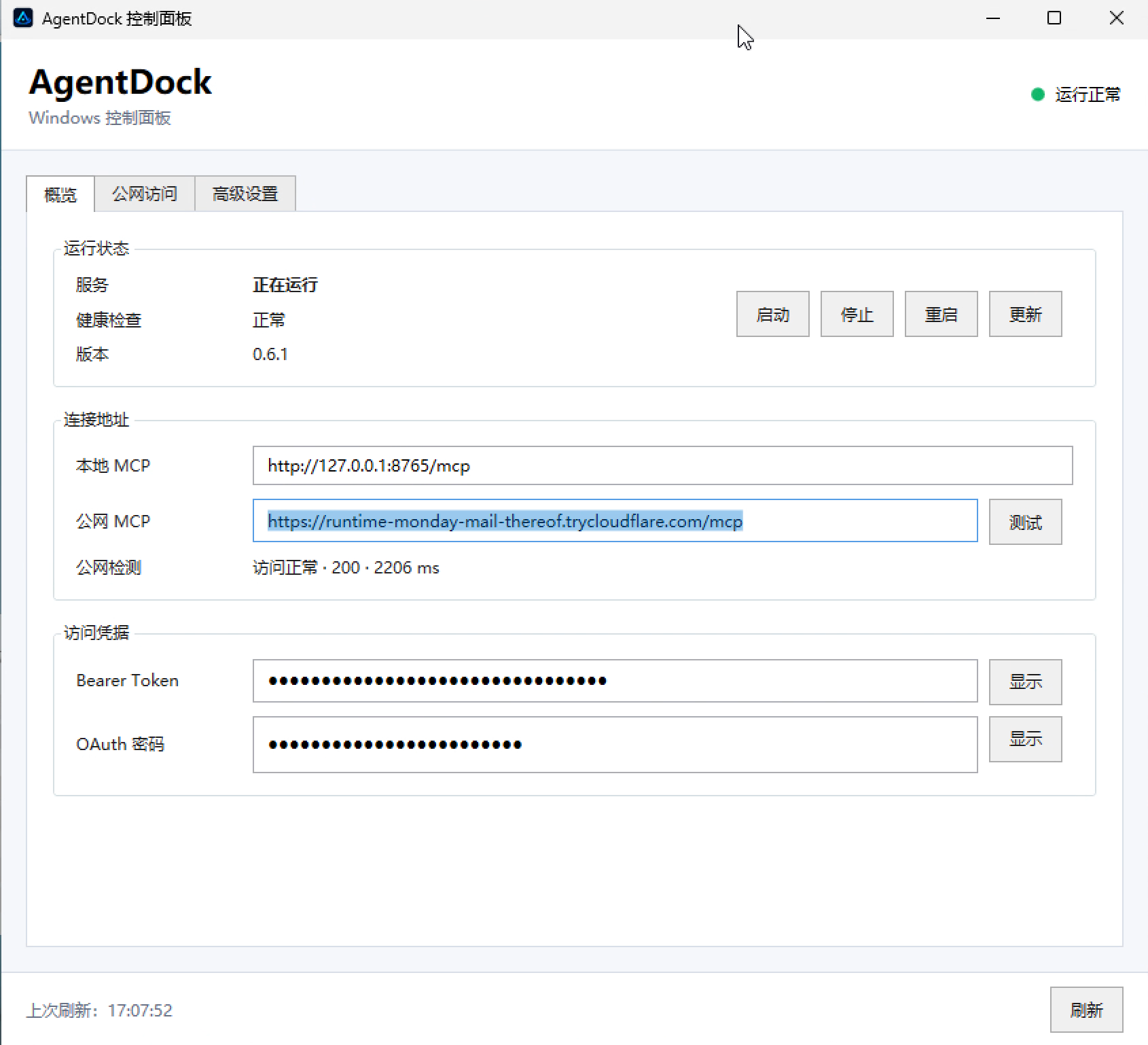 Public MCP URL and OAuth password in the control panel overview